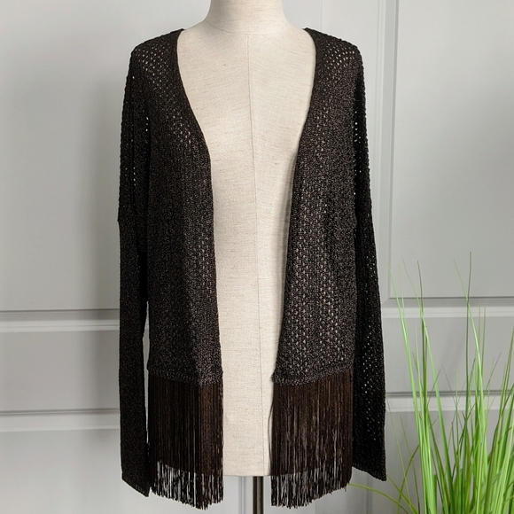 Liu Jo Cardigan Open Metallic Knit Fringe Semi Sheer Lightweight Brown L NWT - Picture 5 of 8